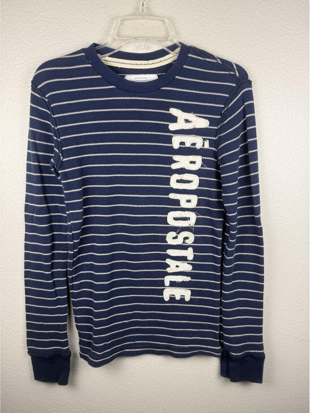 Aeropostale Long Sleeve Thermal Shirt XS Blue Striped Logo Waffle Knit Y2K